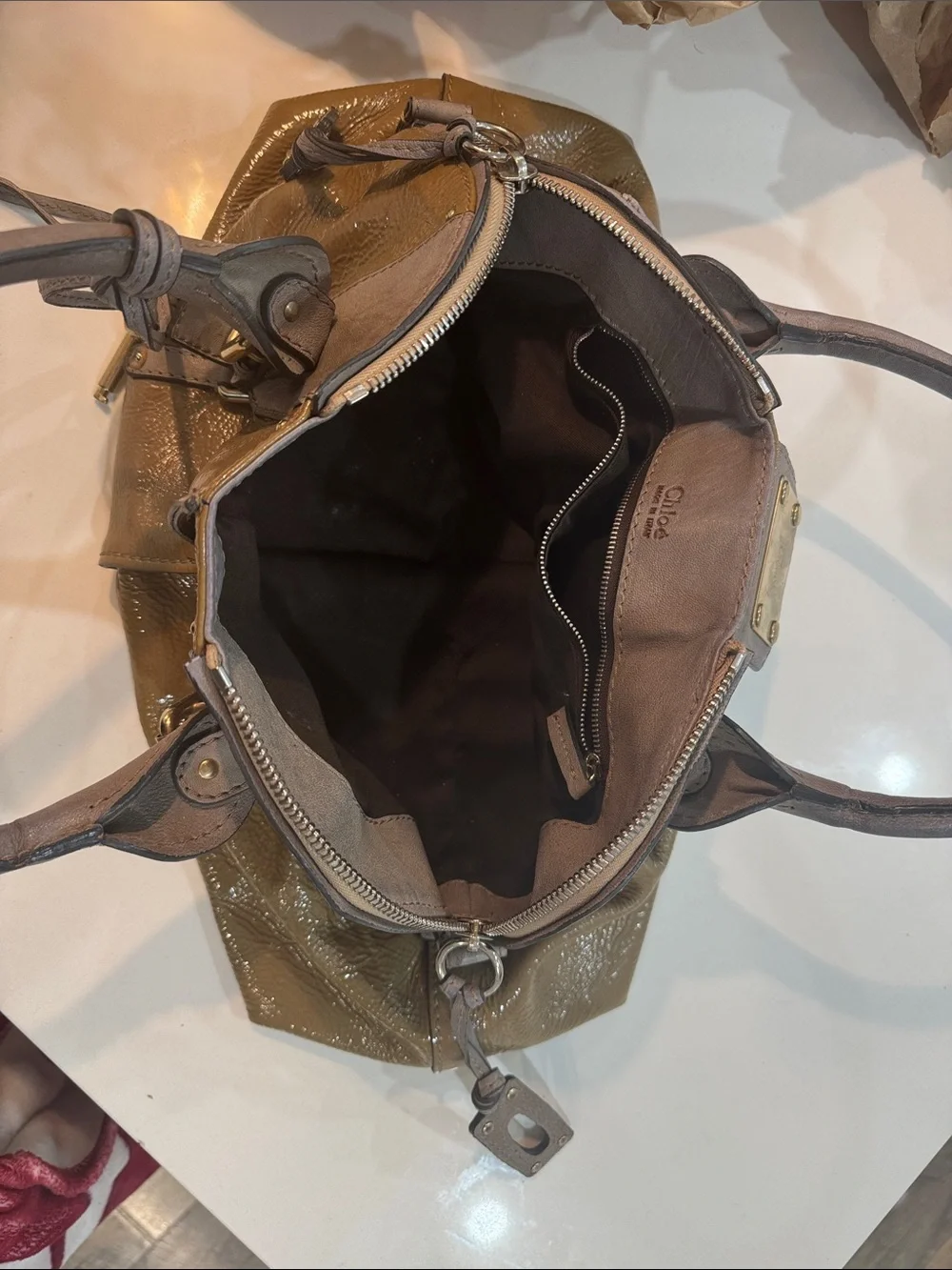 Chloe Olive and Taupe Patent Leather Satchel